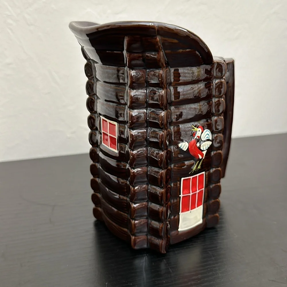 Brown Luster Ceramic Log Cabin Vintage Pitcher